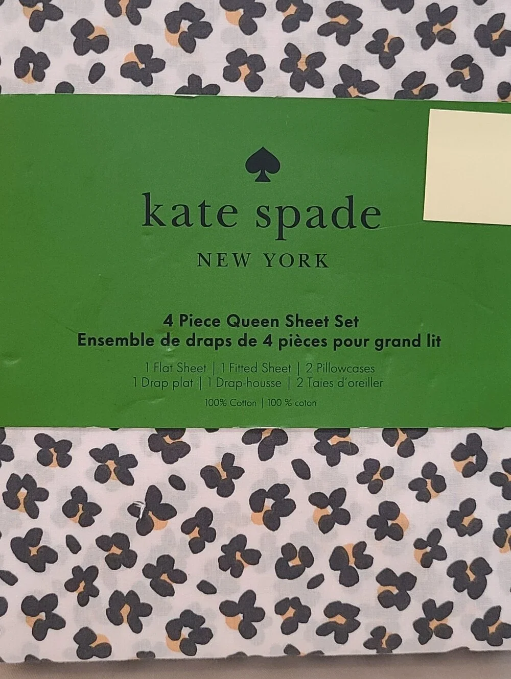 kate spade Queen White Sheet Set with Black and Gold Leopard Spots Floral